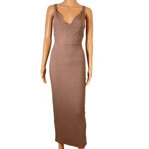 Naked Wardrobe Tan Ribbed Corset Maxi Dress NW-D2420 Brown Bodycon Small
